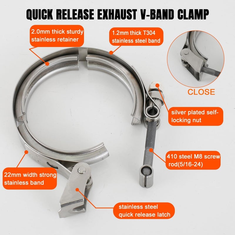 eLifecenter 4 Inch Exhaust V band Clamp T304 Stainless Steel with T-Bolt Quick Release Latch(No Flanges) - Image 4